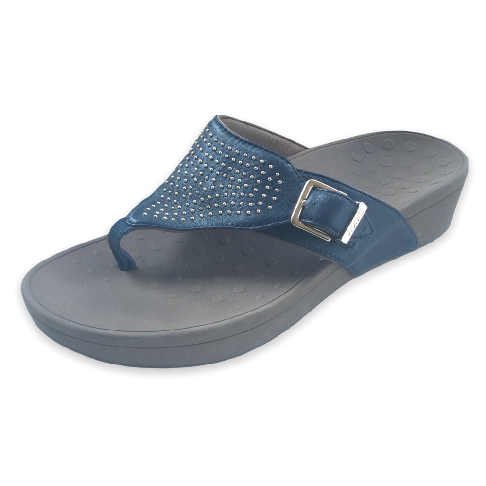 Size 10 Vionic Women Buckle Adjustable Wedge Blue Brown Gold Sandals